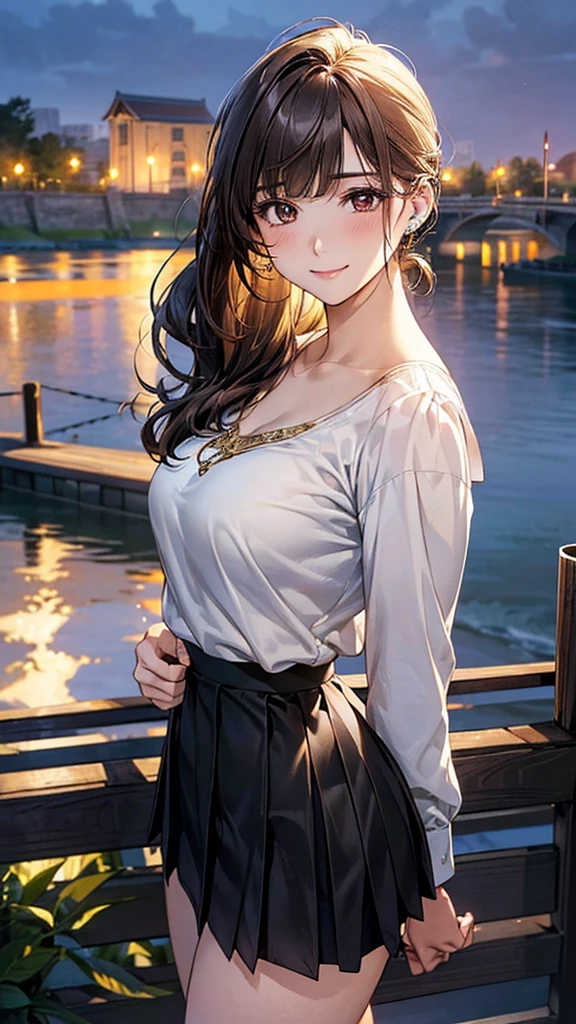 (masterpiece:1.2, top-quality), (realistic, photorealistic:1.4), beautiful illustration, (natural side lighting, movie lighting),
looking at viewer, cowboy shot, front view, 1 girl, japanese, high school girl, perfect face, cute and symmetrical face, skin tanned,
(middle hair:1.2, side ponytail:1.2, blond hair), waved hair, blunt bangs, gold eyes, (large breasts:0.6, seductive thighs, big ass), piercings,
beautiful hair, beautiful face, beautiful detailed eyes, beautiful clavicle, beautiful body, beautiful chest, beautiful thigh, beautiful legs, beautiful fingers,
((long sleeve white collared shirts, black tube top, black pleated mini skirt)),
(beautiful scenery), evening, riverside, walking, (lovely smile, upper eyes),