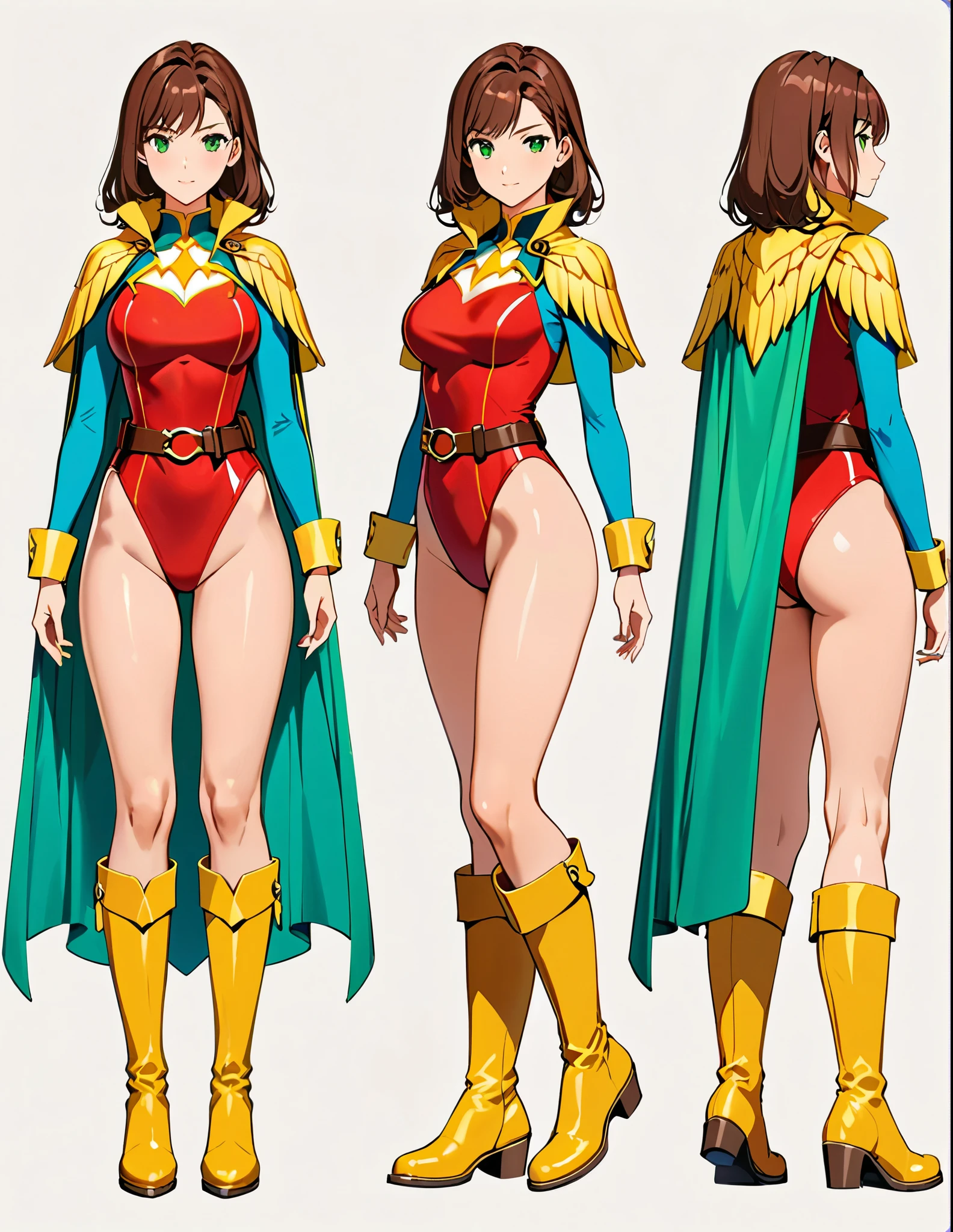 (masterpiece), (best quality), (high res), 1lady, tall body, beautiful detailed eyes, beautiful detailed face, perfect hands, complete fingers, perfect anatomy, perfect proportions, ((brown hair, medium hair, hair down)), ((green eyes)), (leotard, matching leotard), ((red leotard)), ((bare legs)), ((boots, matching boots, knee-high boots, yellow boots)), breasts, medium breasts, (full body portrait), looking at viewer, solo, solo focus, standing, ((belt, tight belt)), (blue sleeves, yellow cuffs), (yellow hawk (symbol) on the chest), (medium cape, (cyan cape)), full body costume design. Simple background, Multiple Views, Character Sheet Full-Length.