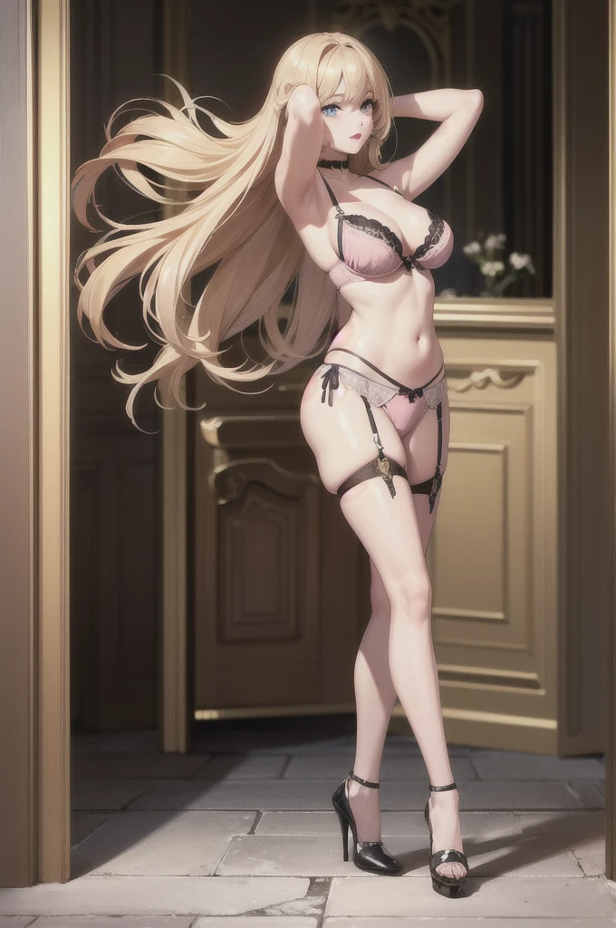 Both arms are crossed behind the head, one leg is slightly bent,Full body photo from head to toe,palace of Versailles,large and voluptuous nadegas, big g cup breasts, narrow waisted, beautiful breasts, highlighting the neckline, yellow sexy small thong panties and bra, wearing high heels, GARTER BELT, face is ultra-realistic, sensual woman, photographed, very dark makeup, pink lipstick, Honey Blonde Hair, icy blue eyes, style raw