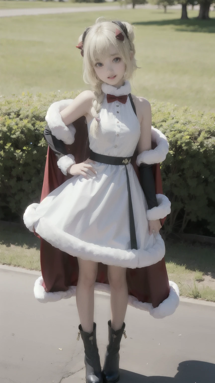 ((Full body photo, standing, feet on the floor)) Tsunomaki Watame, long hair, WatameBase, fur-trimmed dress, white dress, bare shoulders, fur-trimmed sleeves, hairclip, cape, belt pouch, brooch, fur-trimmed boots, hands on hips, hill, plains, smile, looking at viewer, upper body, city, front view