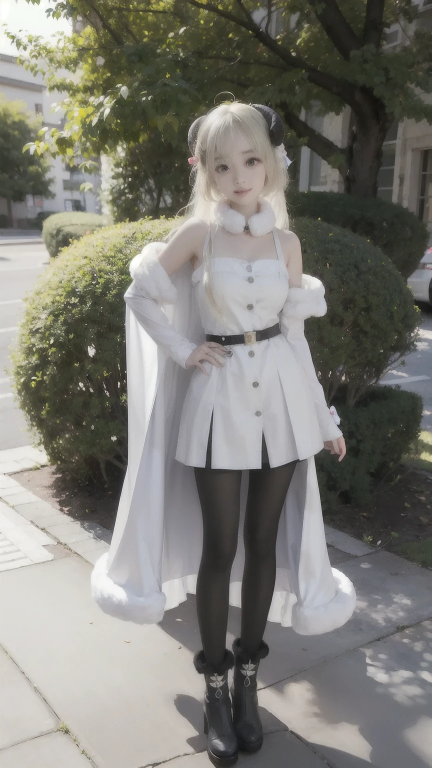 ((Full body photo, standing, feet on the floor)) Tsunomaki Watame, long hair, WatameBase, fur-trimmed dress, white dress, bare shoulders, fur-trimmed sleeves, hairclip, cape, belt pouch, brooch, fur-trimmed boots, hands on hips, hill, plains, smile, looking at viewer, upper body, city, front view