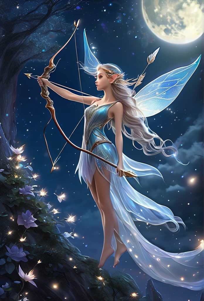under a wonderful moonlight,clouds,stars,a beautiful fairy(((full body )))ethereal,translucent wings,long elf ear,gracefully shoots an arrow,beautiful fairy,long hair,short flowing dress,best quality,hyper detailed ,perfect anatomy, fantasy illustration,work of art,charming scenery,delicate,extraordinary beauty.