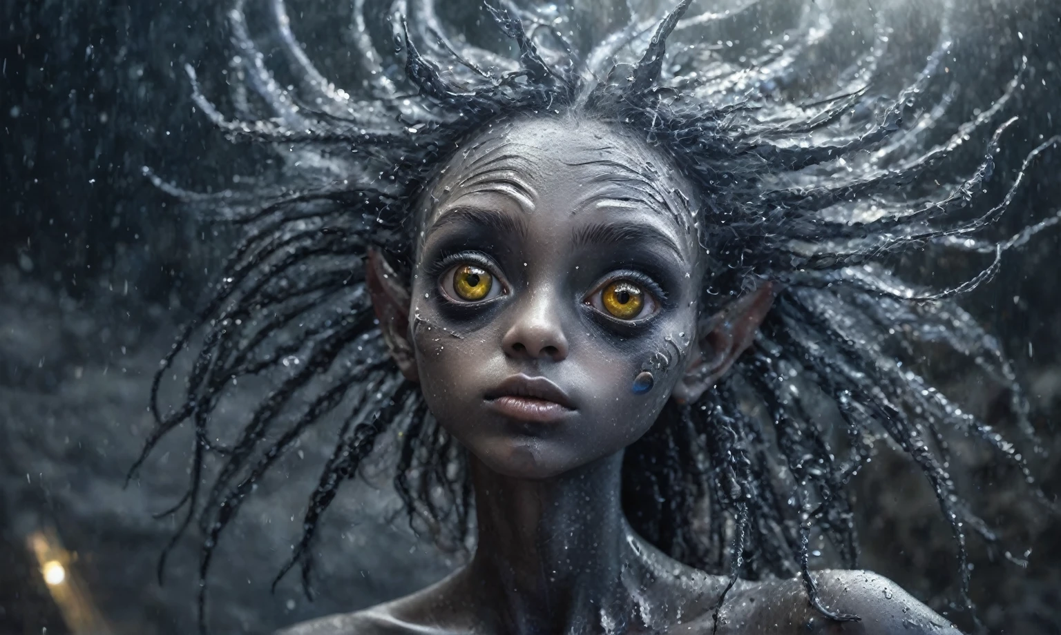 pretty face,eyebrow up,full body length shot,obsidian elf,full body length shot,very beggar niobium graphite The Alien Entity, babychild, wants eat,full body shot, of psychedelic style ,The iris looks weird, attractive, The stars in space is reflected in the pupil, goose down eyelashes, long wavy luminescent hair,insane baggy clothes,view from height,full-body-shot,High contrast,Masterpiece,Realistic,Ultra Detailed,intricate details,realistic humid skin,extremly intricate,realism,photorealism, cinematic style,irina yermolova,HDR,((Wangechi Quality)),ominous landscape,glate gray atmosphere,by art Simon Stalenhag,Nicola Samori,(((Wangechi Mutu))),prime colors,urban,extremely detailed,masterpiece,intricate details,faded,eyes extremely detailed, high detailed eyes,4k resolution,RAW, Nikon Z9,scary town,stalker,goblin,Dubai of United Arab Emirates,Mestichino,Light particles,marble leather ,ink photography ,Mestichino,Light particles,chaos