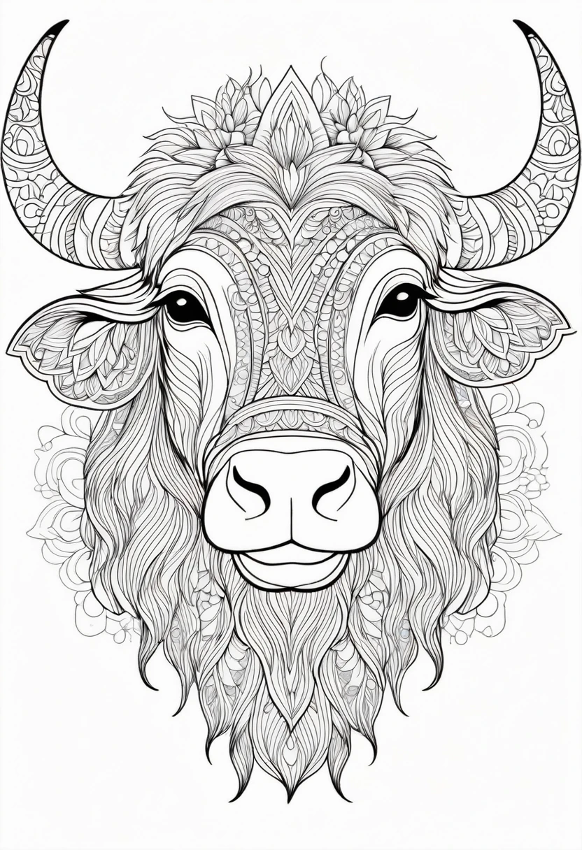 A striking black and white line art coloring page designed for adults with white background, featuring a majestic Yak in a mandala-inspired style. The Yak is adorned with intricate patterns that include floral and geometric designs, making it an engaging and detailed work of art. The illustration focuses on crisp, clean lines and bold outlines, without any shading or color, allowing the user to bring their own vibrancy to the piece. The minimalistic design, with its thick lines and absence of background details, creates a soothing coloring experience for adults seeking calming and creative activities. illustration