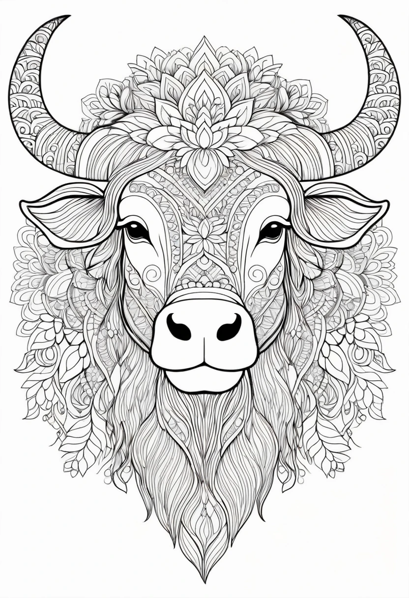 A striking black and white line art coloring page designed for adults with white background, featuring a majestic Yak in a mandala-inspired style. The Yak is adorned with intricate patterns that include floral and geometric designs, making it an engaging and detailed work of art. The illustration focuses on crisp, clean lines and bold outlines, without any shading or color, allowing the user to bring their own vibrancy to the piece. The minimalistic design, with its thick lines and absence of background details, creates a soothing coloring experience for adults seeking calming and creative activities. illustration