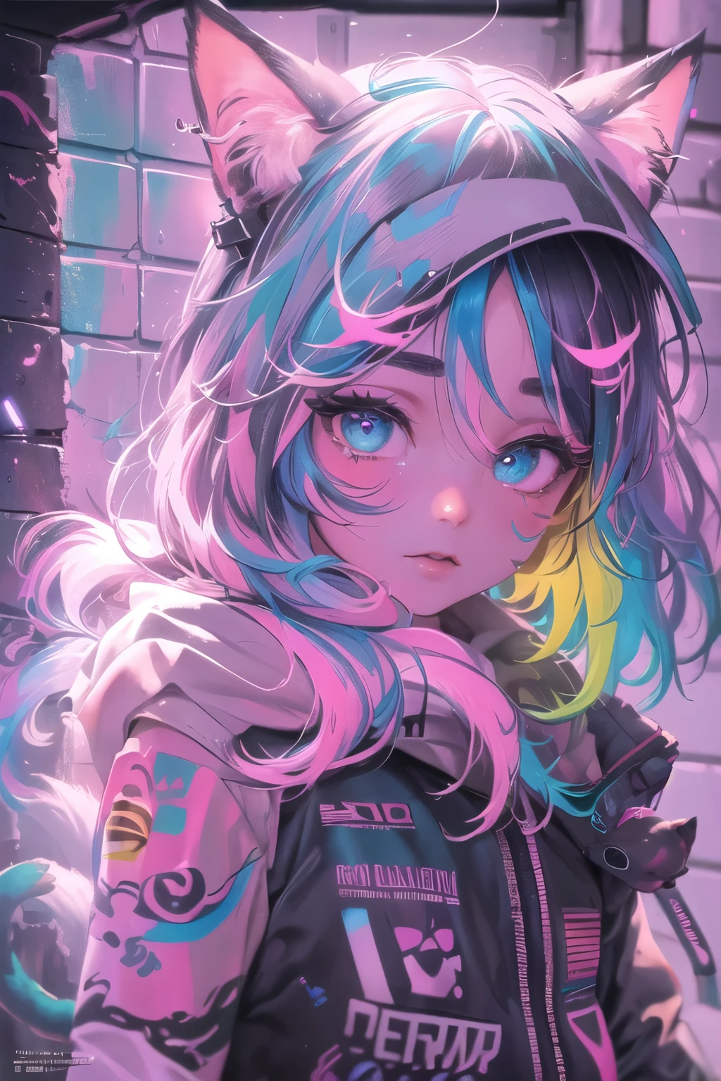 (Masterpiece:1.2), best quality, (illustration:1.2), (ultra-detailed),Eye focus,(Masterfully crafted Glow, pink lens flare), (Cinematic background), hyper details,(delicate detailed), (intricate details), octane render, hdr, (hyperdetailed:1.15), (((colourful))),(soft light:1.2), 1girl,(lynx ears:1.3) , (lynx girl), (cat tail:1.5), beautiful girl, ultra detailed eyes, mature, plump, thick, rainbow painting drops, paint teardrops, woman made up from paint, entirely paint, splat, splash, (outside), (bioluminescent hair:1.5),(glowing eyes:1.2), ((makeup)),(Cinematic masterpiece), fierce, powerful, splashes of colour absolutely eye-catching, (Cinematic headlight), (realistic bounce lighting:1.2),((caustic)), dynamic angle, beautiful detailed glow, ambient occlusion, ambient light, raytraced reflections,(best illumination, an extremely delicate and beautiful), ((cinematic light)), (soft:2), (whimsical:2) , intricate background, vibrant, dreamscape, (painting graffiti:1.3), (glowing tail), (painted city landscape), (Urban),(realistic urban fashion), (expressive:1.2), good form, athletic , (mirrored world), (long flowing black hair:1.1), wavy hair, (colourful hair highlights),(Cyberpunk Techwear Japanese Streetwear Longline Hoodie),(Cyberpunk Streetwear Kanji Joggers), glowing headphones, beanie, (graffiti wall), unfinished graffiti, ghetto,(looking at wall:2),black hoodie, (backwall present),(holding spraycan:1.3), (colourful mist), buckles, belts, straps, a girl standing in front of a graffiti wall, cyberpunk art, (by LAM), Mika Pikazo, graffiti, techwear jacket, black gloves, with buckle and tape, (blue and pink hair),(Dual colour hair:2),(Blue hair),
