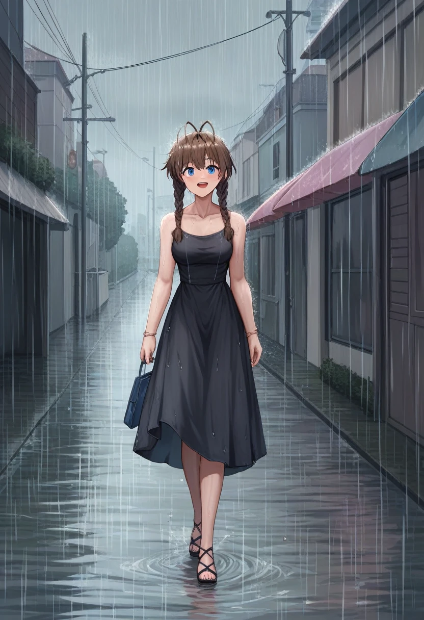 rash, Best quality, High accuracy, Amazake, featuring.dsod, featuring.dsod , (Antenna hair:1.2), He laughs, Medium breast, Mazaki Anzu Kyoko Masaki / Yu Ji Oh! , , Blue eyes, Brown hair, long black dress, street, Braids next to the hair, Decorative braids, rain, rain, heavy rain, Walking