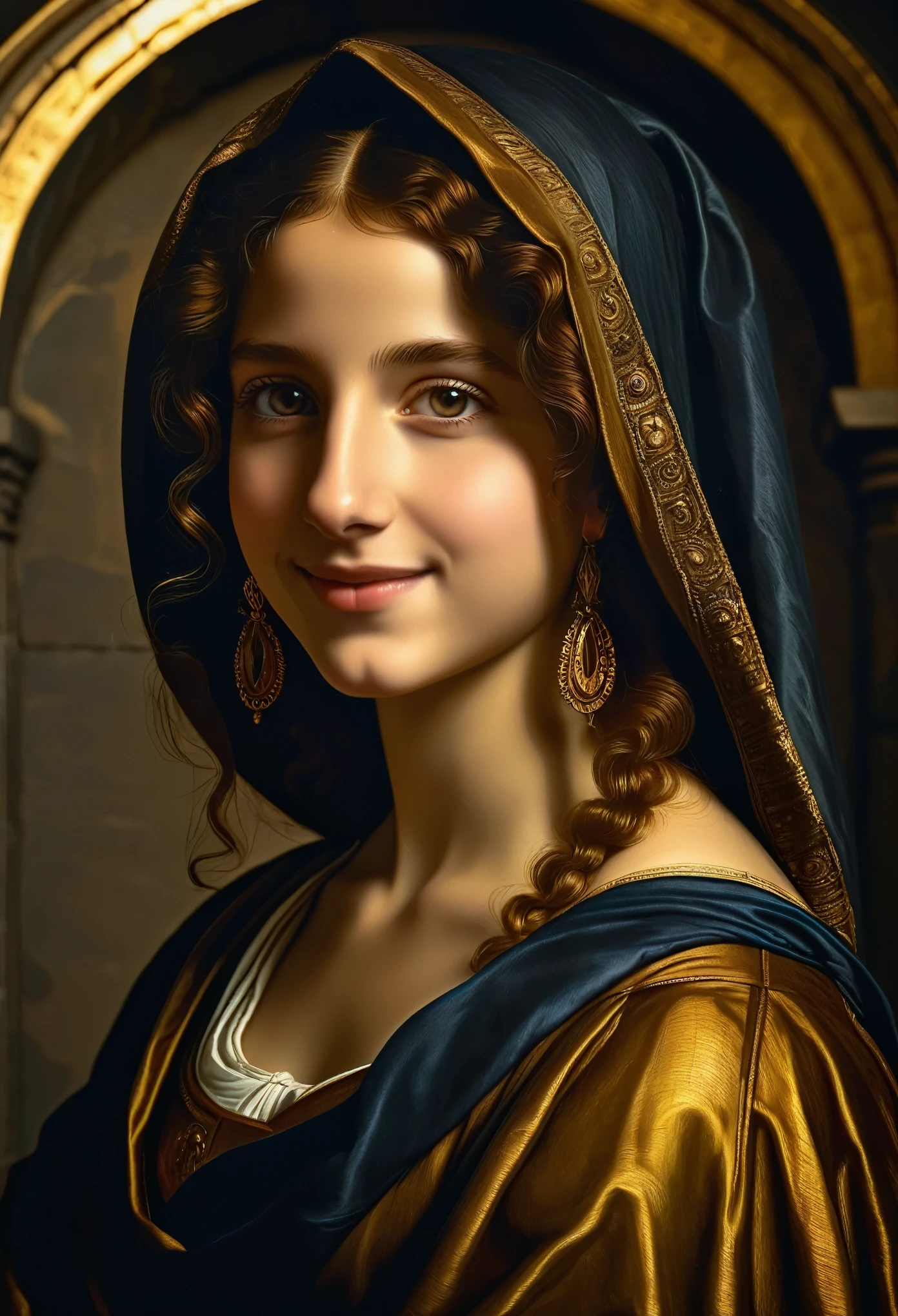 Beautiful Maxa, Beautiful eyes, 18 years old, mystery smile, golden ratio, ((Guercino style)), gloomy Renaissance, dark stone studio, two-tone lighting, ((Best quality, masterpiece)), ((Highest detail)), RAW: 1,1, 8K