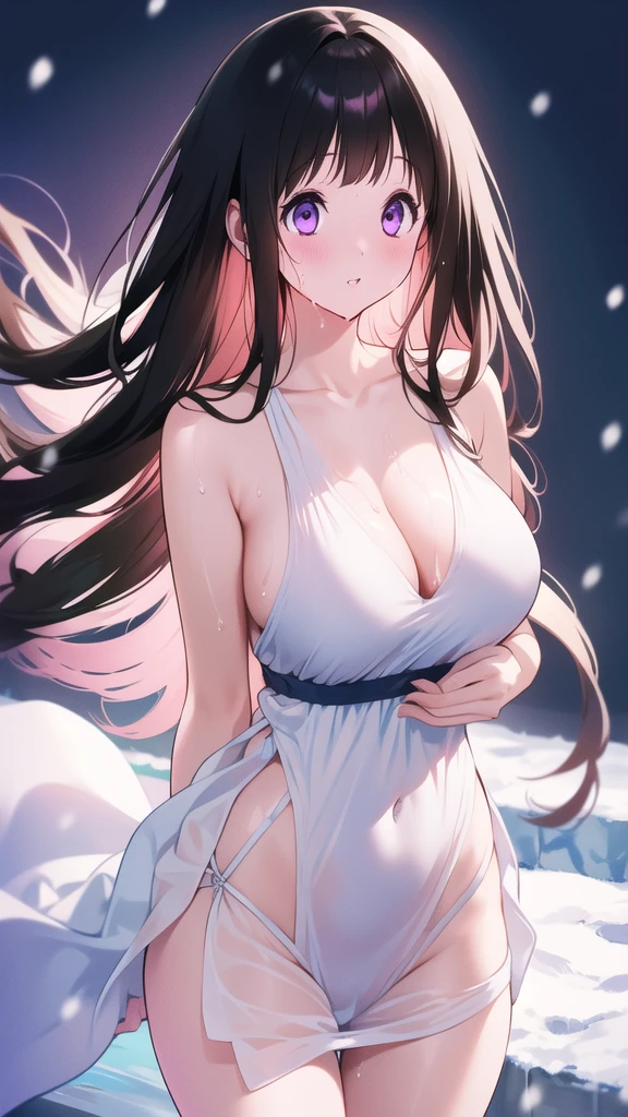 Amazing Chitanda, There is only one beautiful girl,Purple Eyes, Black Hair, Very red face,Very white skin,Glowing skin,Skin as delicate as porcelain,Naturally straight hair, Straight bangs,Extremely refined,Open lips,Long flowing hair,Beautiful Girl, Like a dream,Slim,Slim waist,Soft, (Sensual), (Kawaii), Dream quality,Beautiful big breasts,White transparent loose dress,Areola,Completely naked,Lower edge of breast,White gloves,Flower decoration,Deep V neckline,Loose neckline,Wide neckline,In school,The wind blows the hair,Place your hands on your inner thighs,Thighs clamp hands,Wet skin,Sweaty and sweaty,Sweating all over,On the snow,Back to,Hips,Side body,Gluteal groove,Completely naked的臀部,Bare back,Completely naked的背部,Light transmission,(no pants),nopan,pussy juice,Bare shoulders,There are no shoulder straps,Bare neck,Exposed collarbone,Exposing breasts,Exposing breasts侧面,Exposing breasts下面,Show your waist,Show your buttocks,Show your thighs,Exposing the groin,(No pants),extremely shy,Ultra-high resolution, (masterpiece:1.2, best quality), (Delicate and beautiful eyes: 1.2), (Beautiful and delicate face)