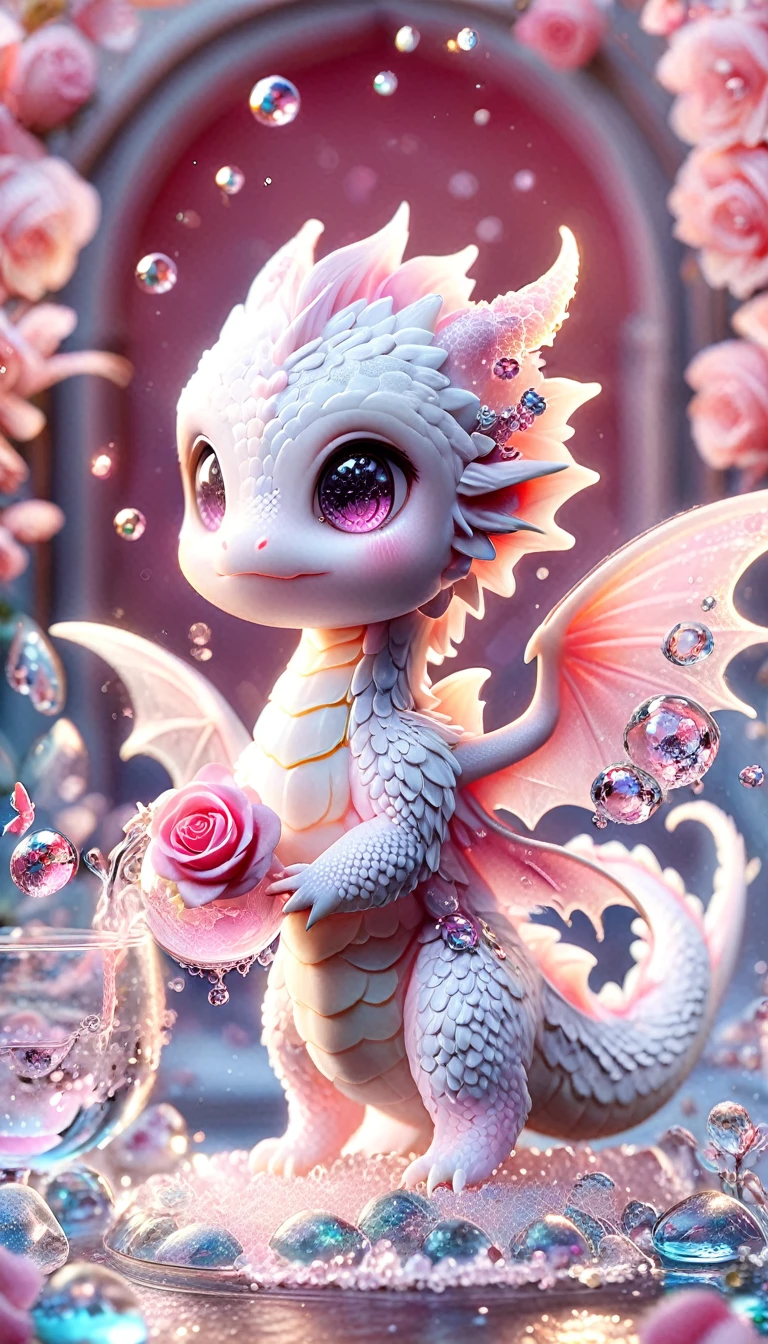 Super detailed, High resolution, High resolution, Absurd, masterpiece, White Dragon, Expressive pink eyes, Little Dragon, Cute Dragon,Transparent Wings,Glass, pink Sparkling butterflies, Pink Ice, petal, Pink Ice, Glass, roses, water, cute, Sparkling, water, Fantasy, Magic