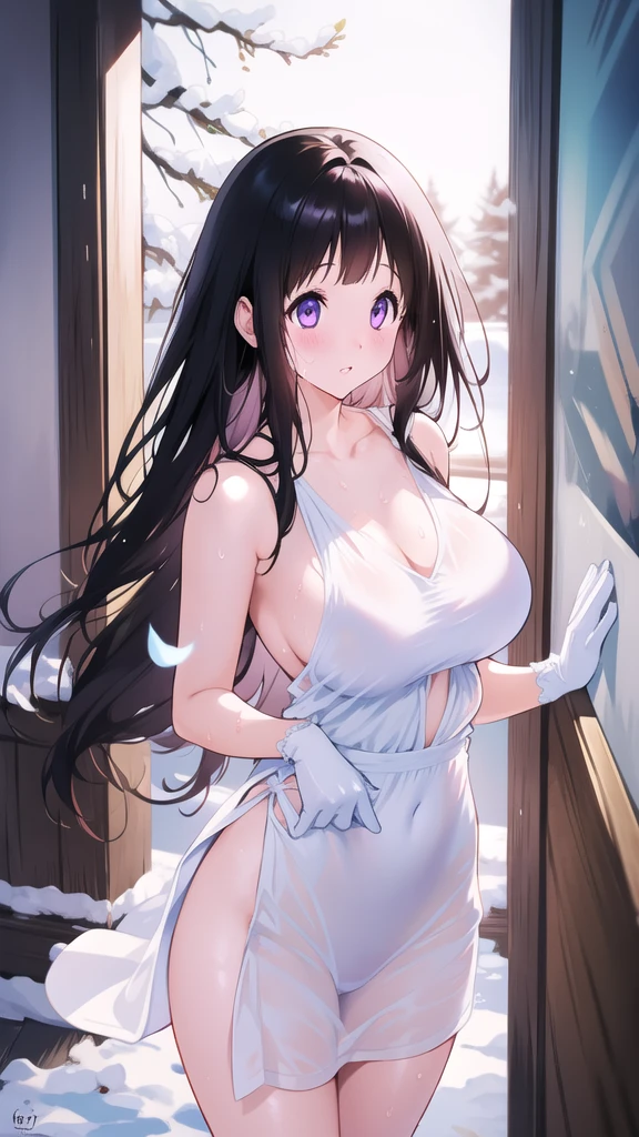 Amazing Chitanda, There is only one beautiful girl,Purple Eyes, Black Hair, Very red face,Very white skin,Glowing skin,Skin as delicate as porcelain,Naturally straight hair, Straight bangs,Extremely refined,Open lips,Long flowing hair,Beautiful Girl, Like a dream,Slim,Slim waist,Soft, (Sensual), (Kawaii), Dream quality,Beautiful big breasts,White transparent loose dress,Areola,Completely naked,Lower edge of breast,White gloves,Flower decoration,Deep V neckline,Loose neckline,Wide neckline,In school,The wind blows the hair,Place your hands on your inner thighs,Thighs clamp hands,Wet skin,Sweaty and sweaty,Sweating all over,On the snow,Back to,Hips,Side body,Gluteal groove,Completely naked的臀部,Bare back,Completely naked的背部,Light transmission,(no pants),nopan,pussy juice,Bare shoulders,There are no shoulder straps,Bare neck,Exposed collarbone,Exposing breasts,Exposing breasts侧面,Exposing breasts下面,Show your waist,Show your buttocks,Show your thighs,Exposing the groin,(No pants),extremely shy,Ultra-high resolution, (masterpiece:1.2, best quality), (Delicate and beautiful eyes: 1.2), (Beautiful and delicate face)