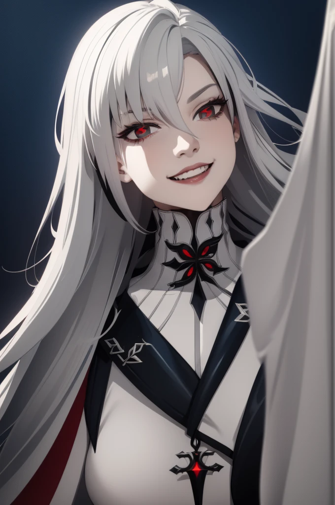 harlequin, portrait, White hair, Red eyes, villain girl with a cross, holding a cross, evil laugh, blue background, dark night, smile