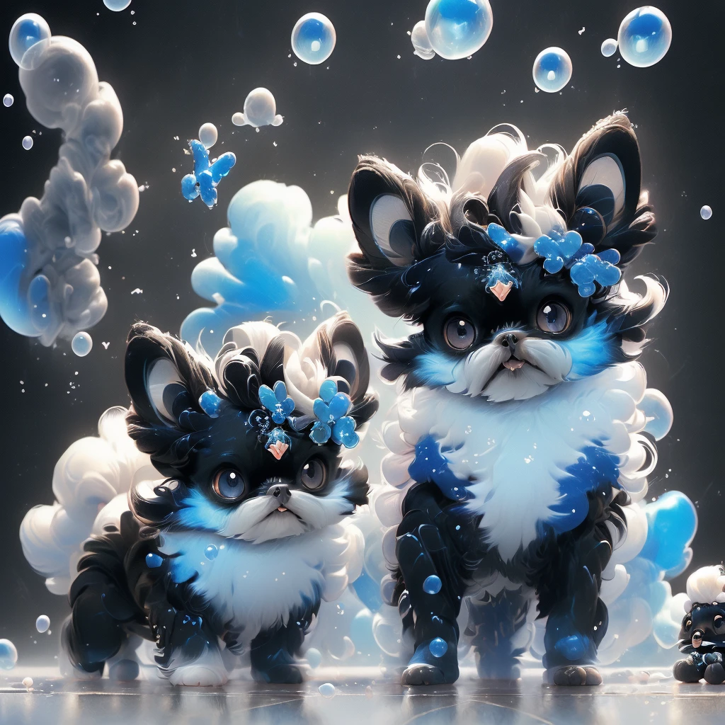 2  black Shih Tzu puppies with blue eyes, wearig goggles,  covered in shampoo bubbles, happy, playful, excited, vibrant bubbles in back ground