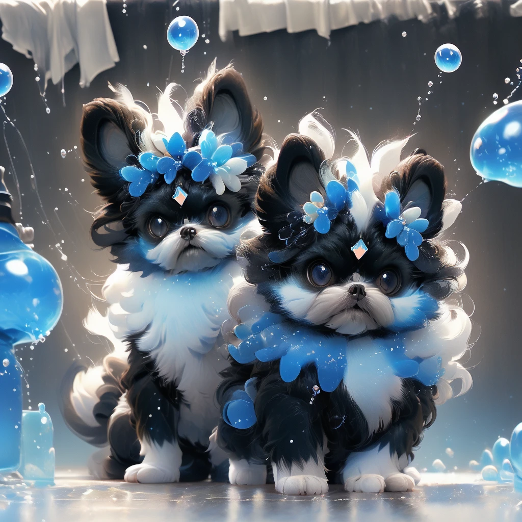 2  black Shih Tzu puppies with blue eyes, wearig goggles,  covered in shampoo bubbles, happy, playful, excited, vibrant bubbles in back ground