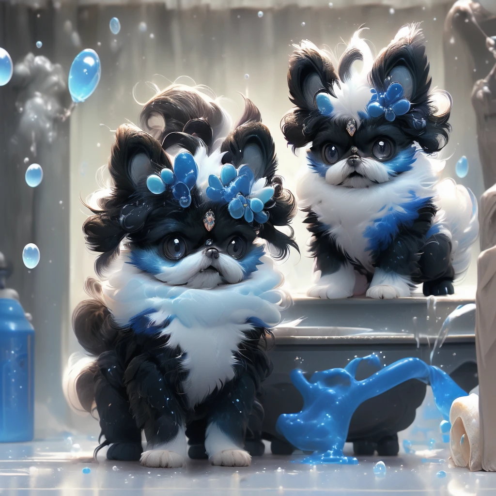 2  black Shih Tzu puppies with blue eyes, wearig goggles,  covered in shampoo bubbles, happy, playful, excited, vibrant bubbles in back ground