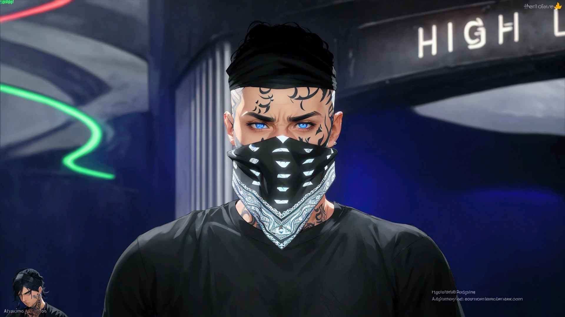 man with a bandana and a black shirt, face tattooed, blue eyes, black hair
