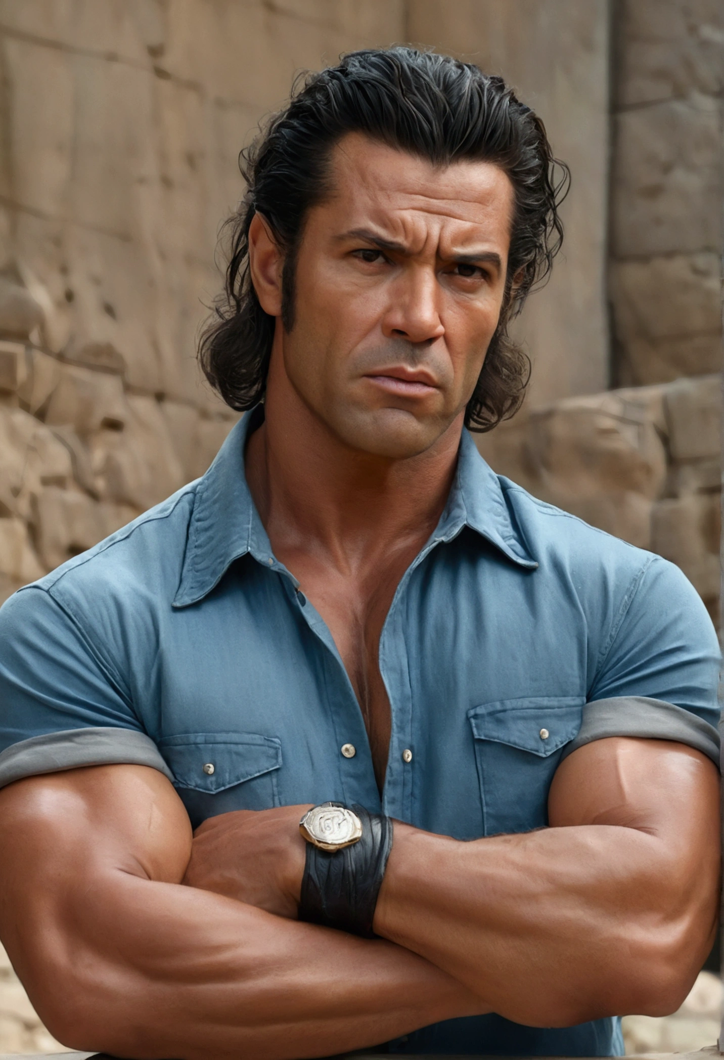 (best quality, 4K, 8K, high resolution, art: 1.2), Ultra detailed, (realistic, photorealistic, photorealistic: 1.37) ,-Close up on the face, showing an expression of determination.
Action: MAN stops and stares at the stone. He rolls up his shirt sleeves.Man of around 30 years old, strong, well-muscled, with a big WWE style, looks like a , wearing casual work clothes (jeans and t-shirt). An expression that is initially tired, but changes throughout the story.Close up on João's face, showing an expression of determination.
stops and stares at the stone. He rolls up his shirt sleeves. Close up on João's face, showing an expression of determination.
 stops and stares at the stone. He rolls up his shirt sleeves.