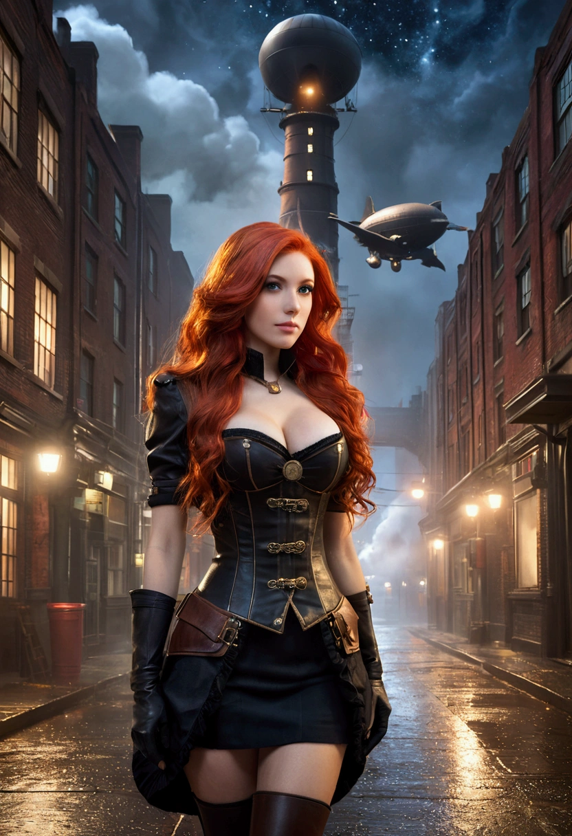 ultra realistic, photography, long red hair, girl, 24 years old, hourglass figure, perfect body, small breasts, Flirty look, extremely detailed artgerm, in the style artgerm, facing the camera, lens 35 mm, blur background, industrial city, surround by wall, steampunk. there is inn, residental area, ((airships)) in the sky, city gate, rusty and heavy, smoke, chimney, factories, gears, machinery, tall buildings, towers, steam power, steam pipes, streetlights, (night time, starry sky), (hard rain), (crossroad), (cinematic lighting:0.8, super detail, bloom), walking through the streets, patrolling the streets, shiny skin