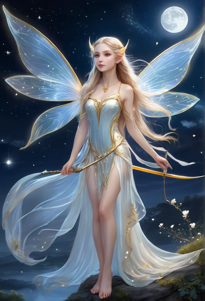 under a wonderful moonlight,clouds,stars,a beautiful fairy(((full body )))ethereal,translucent wings,long elf ear,gracefully shoots an arrow,beautiful fairy,long hair,short flowing dress,best quality,hyper detailed ,perfect anatomy, fantasy illustration,work of art,charming scenery,delicate,extraordinary beauty,golden details 