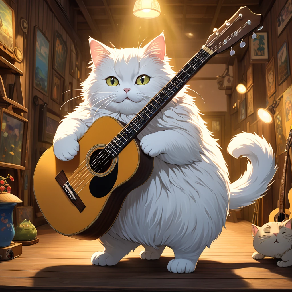 Fat white cat standing on two legs, Holding the guitar, anime, Studio Ghibli, Fine fur, Cute expression, In detail, high quality, 8k, Intricate details, Soft lighting, Warm color palette, Realistic, Beautiful attention to detail, Beautifully detailed face, Very detailed, Detail of a hand holding a guitar, Cat paws holding a guitar, Cat sitting pose, Whimsical, Fantasy, magical realism, Cinema Lighting, Atmospheric, dream-like