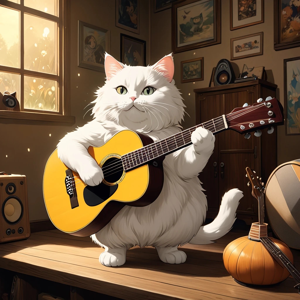 Fat white cat standing on two legs, Holding the guitar, anime, Studio Ghibli, Fine fur, Cute expression, In detail, high quality, 8k, Intricate details, Soft lighting, Warm color palette, Realistic, Beautiful attention to detail, Beautifully detailed face, Very detailed, Detail of a hand holding a guitar, Cat paws holding a guitar, Cat sitting pose, Whimsical, Fantasy, magical realism, Cinema Lighting, Atmospheric, dream-like