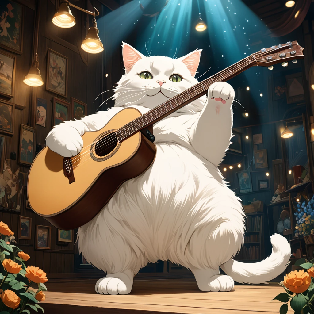 Fat white cat standing on two legs, Holding the guitar, anime, Studio Ghibli, Fine fur, Cute expression, In detail, high quality, 8k, Intricate details, Soft lighting, Warm color palette, Realistic, Beautiful attention to detail, Beautifully detailed face, Very detailed, Detail of a hand holding a guitar, Cat paws holding a guitar, Cat sitting pose, Whimsical, Fantasy, magical realism, Cinema Lighting, Atmospheric, dream-like