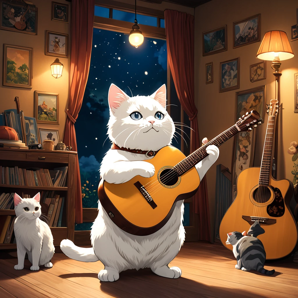 Fat white cat standing on two legs, Holding the guitar, anime, Studio Ghibli, Fine fur, Cute expression, In detail, high quality, 8k, Intricate details, Soft lighting, Warm color palette, Realistic, Beautiful attention to detail, Beautifully detailed face, Very detailed, Detail of a hand holding a guitar, Cat paws holding a guitar, Cat sitting pose, Whimsical, Fantasy, magical realism, Cinema Lighting, Atmospheric, dream-like