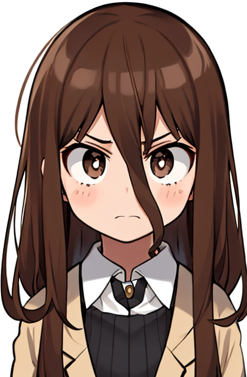 Horikoshi Kouhei, 1 girl, brown hair, brown eyes, cute eyes,long hair, serious.