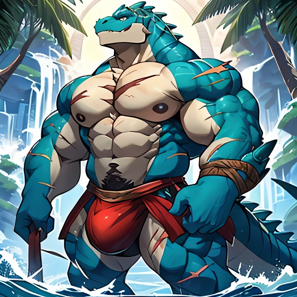 alone, masculine, Lizardman General, naughty face, Wide face, broad shoulders, muscular, polishing, Powerful, large, Giant, Huge amounts of pubic hair, immensity, huge, largeer Bizeps, largee Brustmuskeln, Der Bauch ist large,Blue-green skin, blue-colored eyes, There are very, There are many scars on the body,detailed step, massive dent