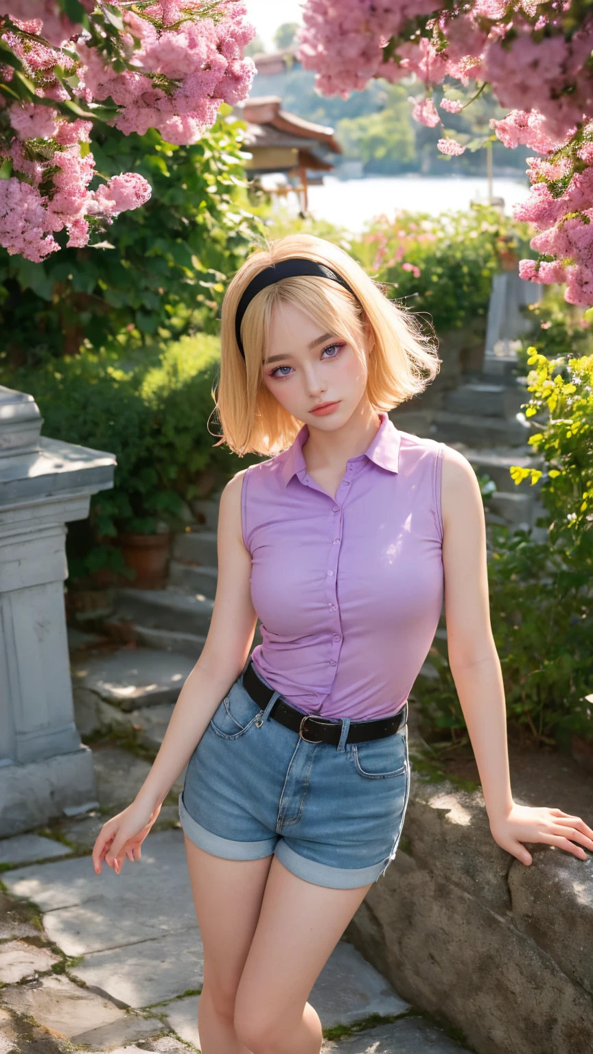 1 woman, grown woman, woman in her 30s, tarankaaa, NOT DASHA TARAN, full body standing, perfect body, best quality, 32k, photograph, full body (head to toe), tone mapping, ((houjou satoko,short hair,black hairband,blonde hair,violet eyes,hair between eyes,collared shirt,sleeveless shirt,pink shirt,shirt tucked in,small breasts,belt,short shorts,blue shorts,white socks,pink footwear, athletic, big woman)), asian-european, ((golden blonde hair, short hair, purple eyes)) perfectly drawn hands, ((masterpiece)), ((highres)), ((detailed background)), japanese shinto shrine background, (big proportions), cute pose, smiling, ((perfect eyes, detailed eyes, realistic eyes)), ((sharp face, detailed face, realistic face, natural skin, realistic skin, detailed skin, pores)), 