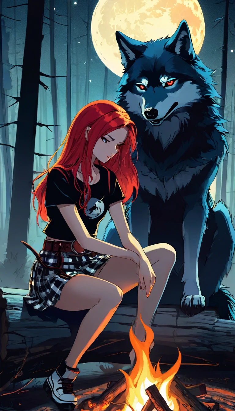 Girl and her pet wolf, Sexy Girls, Long Red Hair, Punk Style, Checked mini skirt, Rope belt, Tight T-shirt, Sit by the bonfire, magic, wonderful, Night Sky, moon, performer, background, In the dense forest, oil, Chiaroscuro, Sensual and dramatic lighting, Gloomy atmosphere, Dark and depressing, Expressionistic, Powerful composition, Emotional impact, Art inspired by Bill Sienkiewicz