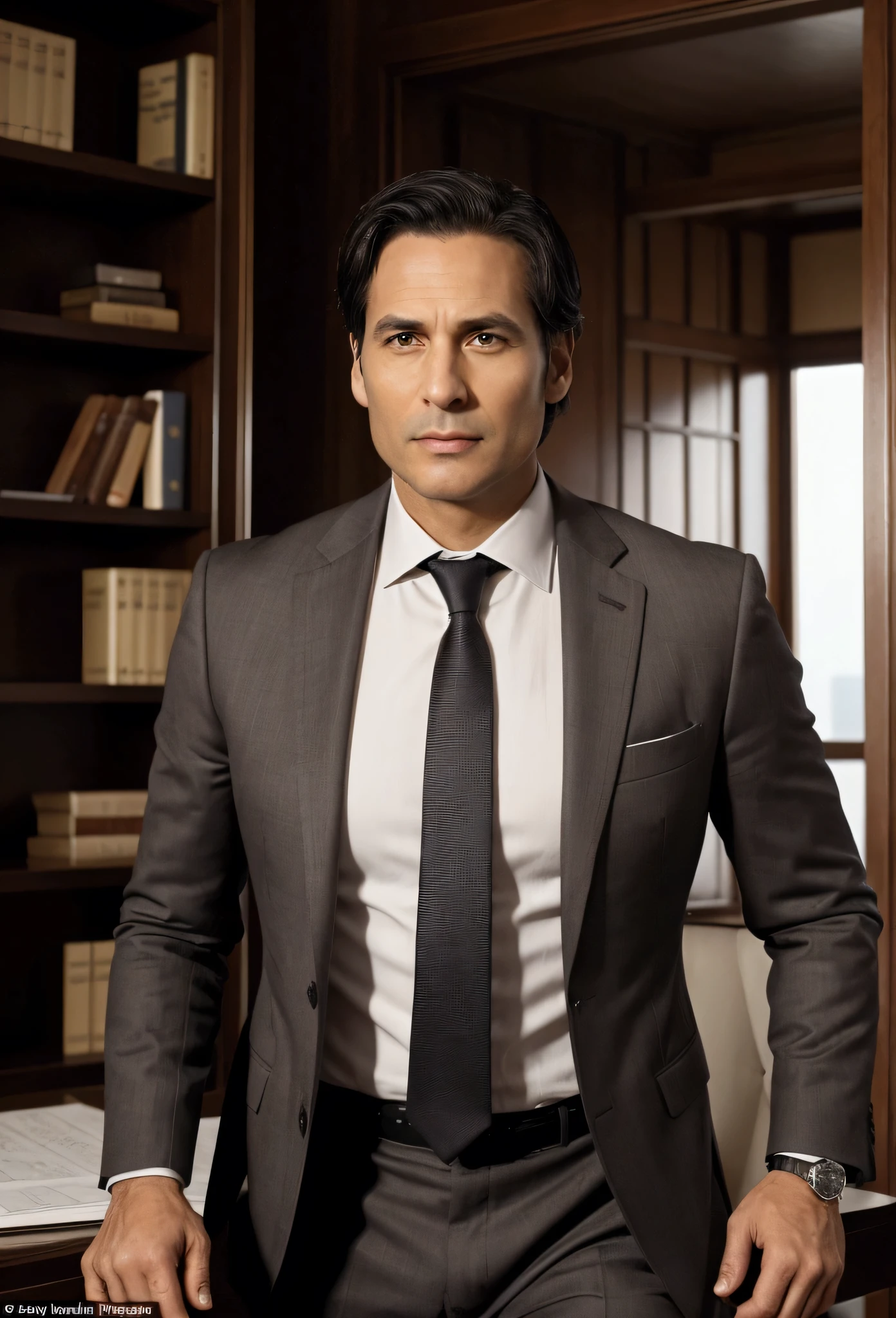 "Create an image of a professional lawyer. The character should have the following characteristics:

Physical appearance: A 42-year-old man, tall (6'1"), with a robust build, short black hair with some gray streaks at the temples, and deep brown eyes. He should be wearing a high-end Italian suit, with a classic tie and polished leather shoes.
Environment: The lawyer should be in a sophisticated office, with bookshelves filled with law books, a dark wood desk, and a panoramic view of the city through a large window. On the desk, there should be organized papers, a laptop, a luxury pen, and a framed family photo.
Facial expression: The lawyer should have a confident and determined expression, with a slight smile suggesting charisma and approachability.
Accessories: He should be wearing an elegant wristwatch and holding a pair of thin-framed reading glasses casually in his hand."