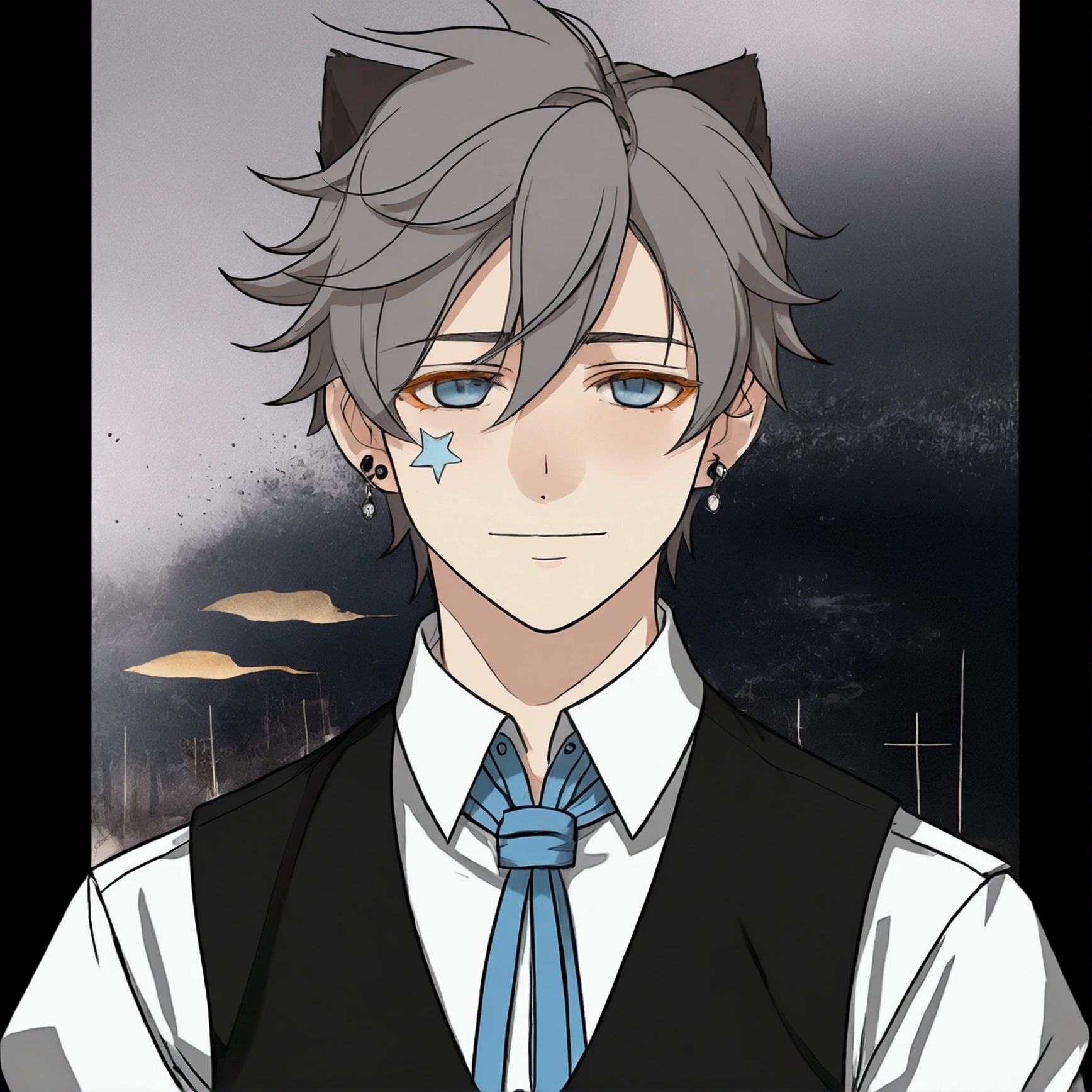 Generate me a soft and masculine young man, around 16 years of age. His hair is short and dark brown while his eyes are coloured light brown. He is wearing a white button up shirt and a black vest with a light blue tie. Give him some silver earings and a small silver crown above his head.