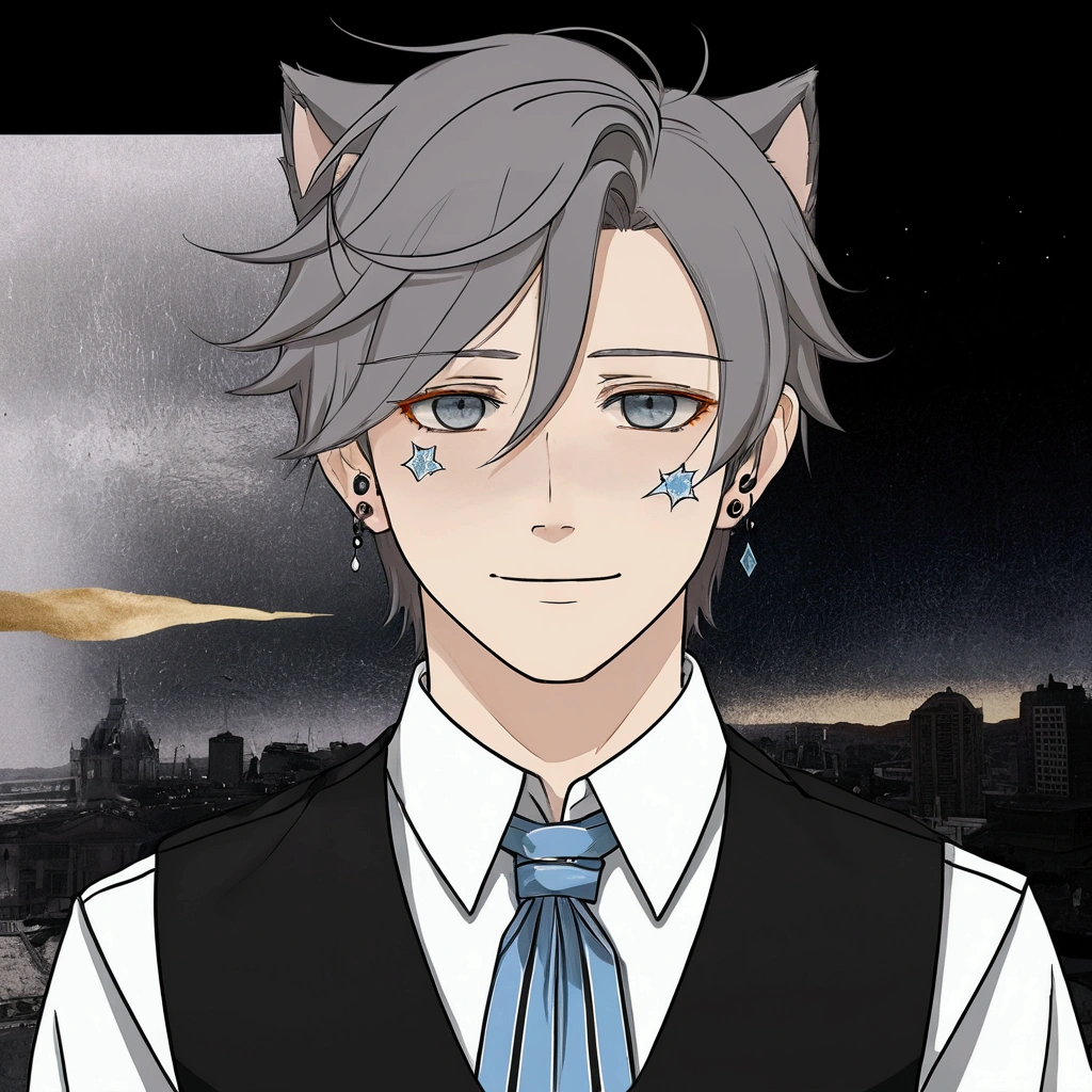 Generate me a soft and masculine young man, around 16 years of age. His hair is short and dark brown while his eyes are coloured light brown. He is wearing a white button up shirt and a black vest with a light blue tie. Give him some silver earings and a small silver crown above his head.