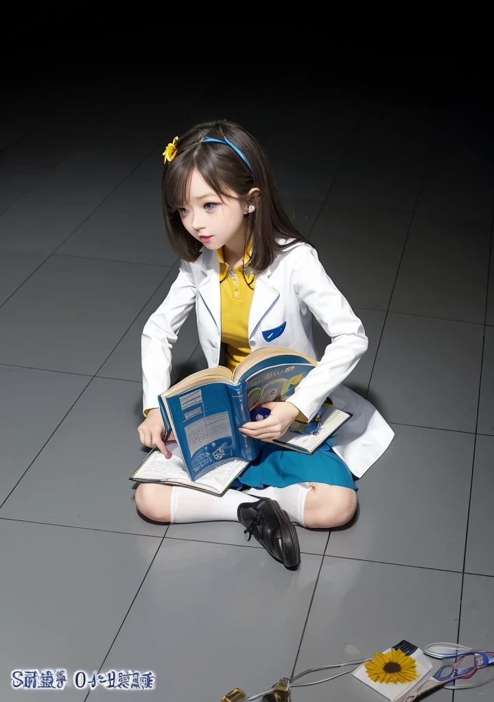 Girl, dark hair, blue eyes, white flower hairpin, white lab coat, yellow shirt, blue skirt, black shoes, white socks, dark blue calculus book, writing, studying on the floor, half dark room
