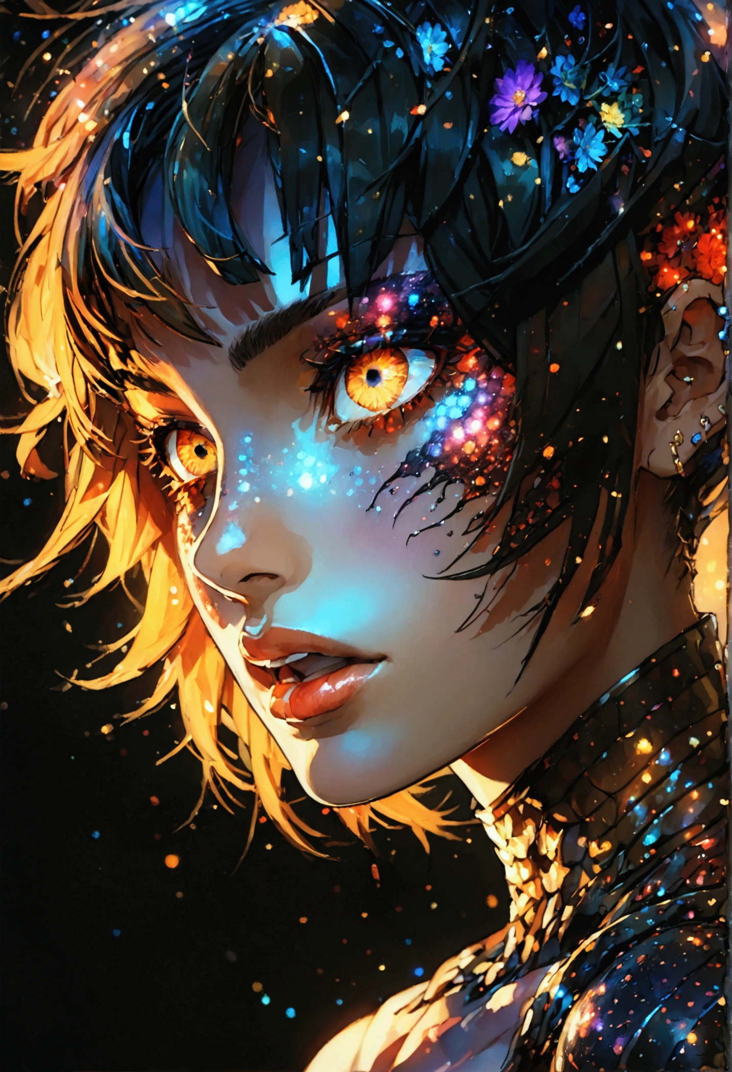 side PORTRAIT, only face portrait, macro, aN vampire girls next to a black bat portrait, mouth open roaring, scarface red skin with light and glitter, short fire hair with red skulls on hair, snake lightening eyes with one eye closed, cosmos eyes, next to a black spider, highly detailed fur (vectorized) yellow lightening eyes, detailed skin, image is compelling with dynamic composition and dark posing. Include many fantasy details such as bumps, phantasmal iridescence, glitter, galaxy, cosmos, fire, ((dark celestialskin hell body, void cosmic body)), (((dark background))), (((lights off))), (((hollywood dark))), horror, dramatic shadows, (in a dark fantasy space:1.3, glitter, sparkle, gleam) vector digital illustration, ()sharp