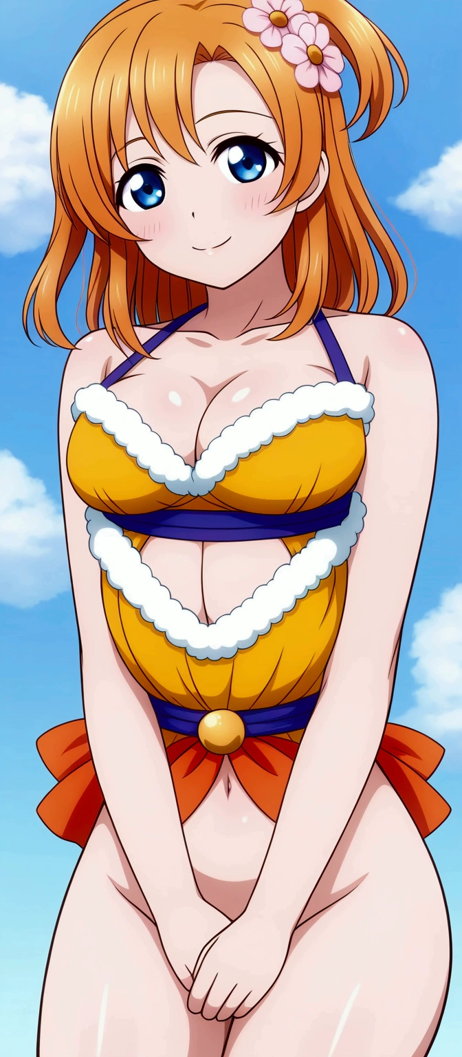 Masterpiece,best quality,Kousaka honoka, blue eyes, orange hair, looking_at_viewer, cowboy shot, cozy top, cleavage , perfect shadow, beautiful,cozy, banquet of flowers