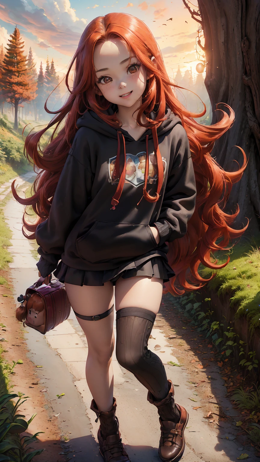 Young girl, (), (little body, small height), (petite girl: 1.35), (adorable face), (big forehead: 1.2), she has a long flowing hair, (red hair: 1.5), (long hair: 1.35), asian features, (brown eyes: 1.5), bright eyes, brown light eyes, (white skin: 1.35), beautiful detailed eyes, cute young girl, (flat chest: 1.35), (((wearing black skirt, a baggy black hoddie and Over-the-knee socks))), high quality clothes, high resolution, (detailed clothes), (loose hoddie: 1.35), (autumn forest, sunset, warm light background))), cute, daring girl, (detailed background), (full detailed 8k), (perfectly detailed face), (enhance anatomy), vfx, highres, sharp, focus, (photorealistic artwork: 1.35), (extremely detailed CG unity 8k wallpaper), (((vibrant colors, vibrant theme))), (dynamic pose: 1.5), cool vibes, fashion girl, happy, flirting expression, coquette, (playful attitude), smiling, happy, adorable small girl, joyful girl