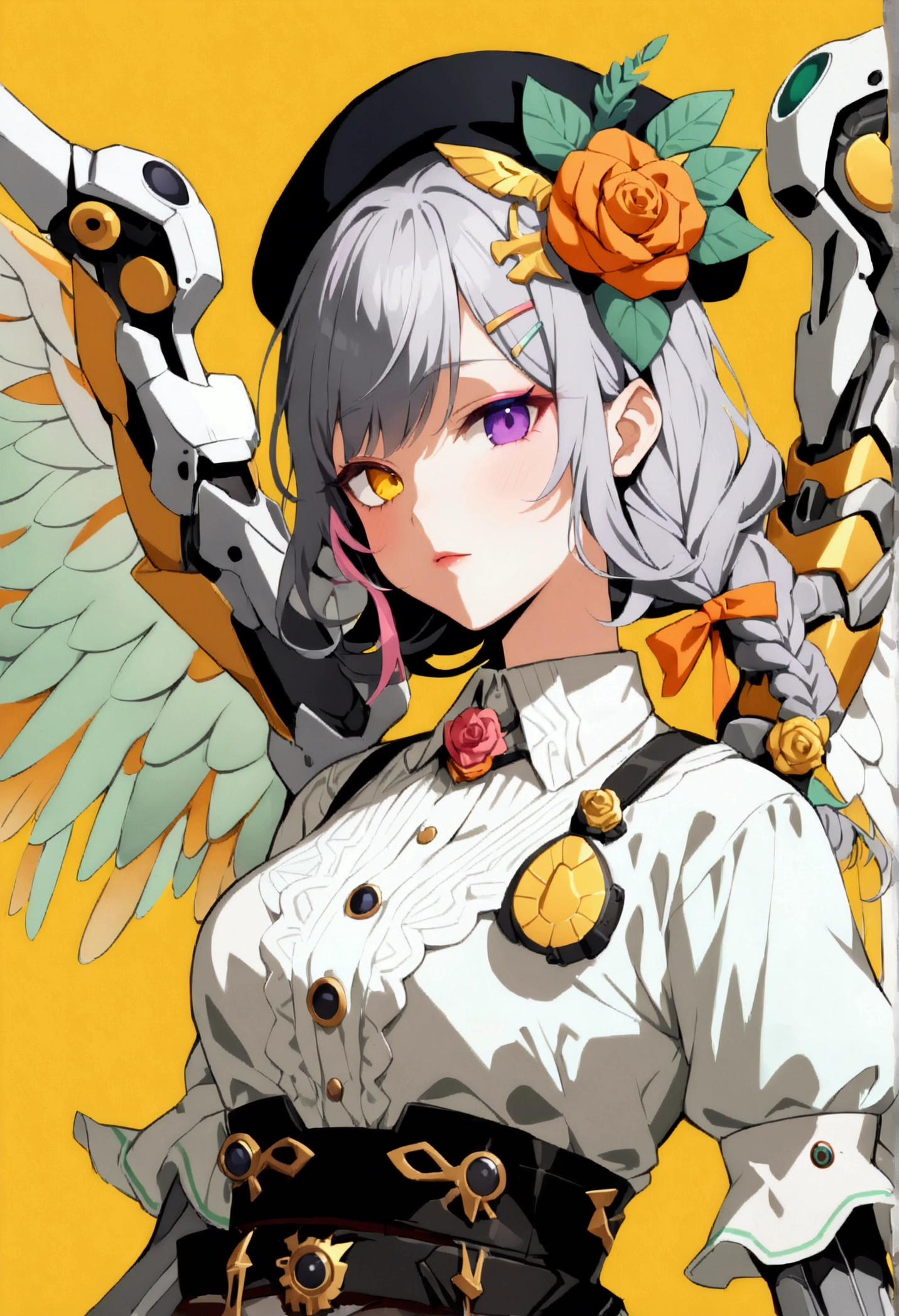 woman 165cm tall, (whole body: 1.5), slim build, , charming look, ((heterocromia: ojo right naranja y ojo izquierdo violeta)), (Shoulder Length Wavy Gray Hair, short braid on the left side of the hair: 1.2, big open bangs, golden gear hairpin on the left side of the hair), (((complex mechanical legs up to the hip, The legs are black with gray parts and small pink details))), (((complex mechanical arms up to the elbows, The arms are black with gray parts and small pink details))), ((complex white mechanical angel wings with pastel green parts)), (elegant black French beret with an orange rose ribbon: 1.2), (stylish white short sleeve button down shirt, dark brown shorts with straps from the waist, elegant black belt, small rose brooch on shirt collar, beautiful mechanical stilettos), (((character design sheet: vista 3/4))), ((Pastel yellow background)), extremely detailed hair, beautiful detailed clothing, extremely detailed arms, extremely detailed face, (Extremely detailed hands), perfect hands, beautiful detailed eyes, beautiful detailed lips, adorable, extremely detailed legs, (Best Quality, 8k, ultra resolution), ultra detailed, Exquisite and epic character art, (Focus on symmetry), (extremely detailed wings), (body position: standing, right, symmetrical), looking at the viewer.