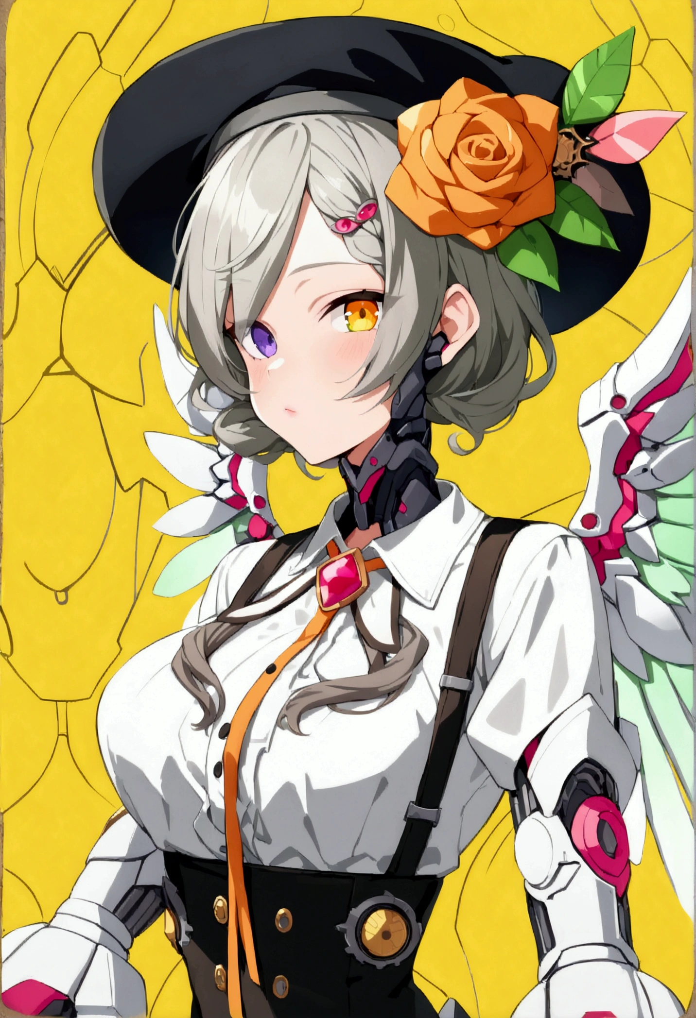 woman 165cm tall, (whole body: 1.5), slim build, , charming look, ((heterocromia: ojo right naranja y ojo izquierdo violeta)), (Shoulder Length Wavy Gray Hair, short braid on the left side of the hair: 1.2, big open bangs, golden gear hairpin on the left side of the hair), (((complex mechanical legs up to the hip, The legs are black with gray parts and small pink details))), (((complex mechanical arms up to the elbows, The arms are black with gray parts and small pink details))), ((complex white mechanical angel wings with pastel green parts)), (elegant black French beret with an orange rose ribbon: 1.2), (stylish white short sleeve button down shirt, dark brown shorts with straps from the waist, elegant black belt, small rose brooch on shirt collar, beautiful mechanical stilettos), (((character design sheet: vista 3/4))), ((Pastel yellow background)), extremely detailed hair, beautiful detailed clothing, extremely detailed arms, extremely detailed face, (Extremely detailed hands), perfect hands, beautiful detailed eyes, beautiful detailed lips, adorable, extremely detailed legs, (Best Quality, 8k, ultra resolution), ultra detailed, Exquisite and epic character art, (Focus on symmetry), (extremely detailed wings), (body position: standing, right, symmetrical), looking at the viewer.