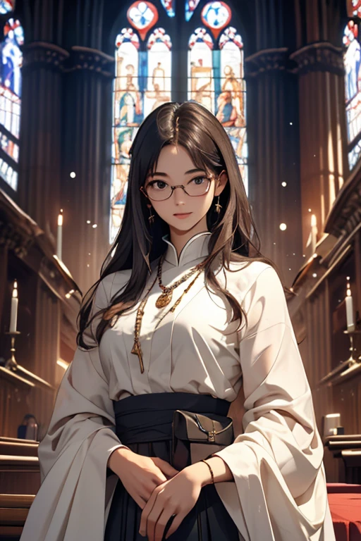 Short haired girl, beautiful and sweet face, Japanese or Indonesian ethnicity, sitting position and opening your thighs (straddle), wear clear glasses, in , long skirt, white panties, thin, pussy (vagina & clitoris) Pink, location in the library.