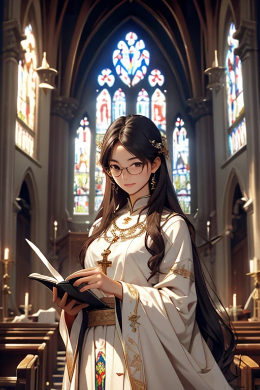 Highest quality、masterpiece、High sensitivity、High resolution、Detailed Description、Slender women、Glasses、Inside the church、Stained glass、