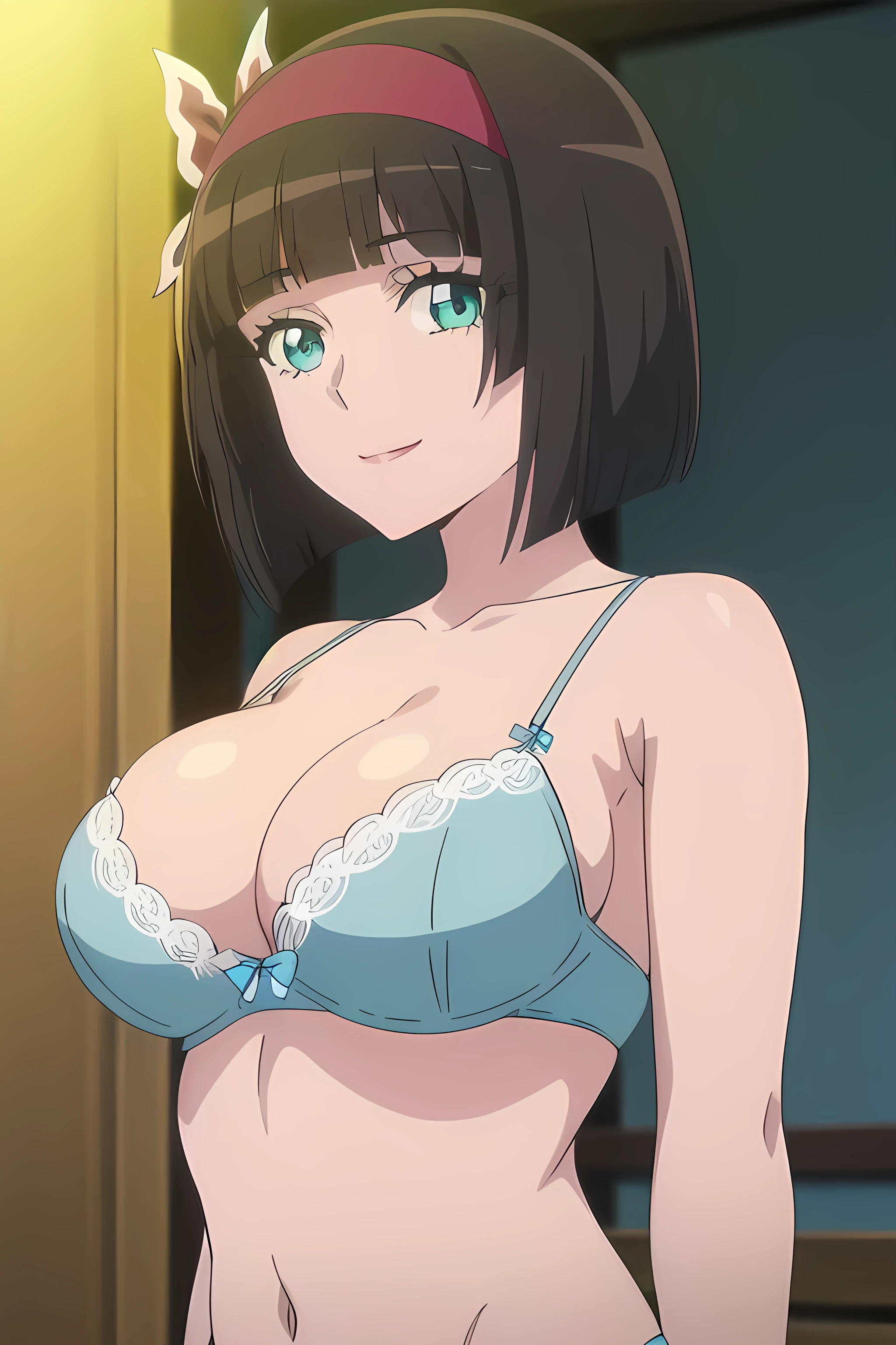 (masterpiece:1.2, best quality), (finely detailed beautiful eyes: 1.2), (extremely detailed CG unity 8k wallpaper, masterpiece, best quality, ultra-detailed), (masterpiece, best quality:1.2), 1girl, female solo, big breasts, rounded breasts, shining breasts, perfect eyes, perfect face, perfect body, seductive, smile, looking at viewer, cleavage, mio, makeup, hair ribbon, hair ornament, hairband, light blue lace bra, light blue lace panties, light blue lace lingerie, no clothes, no cloth