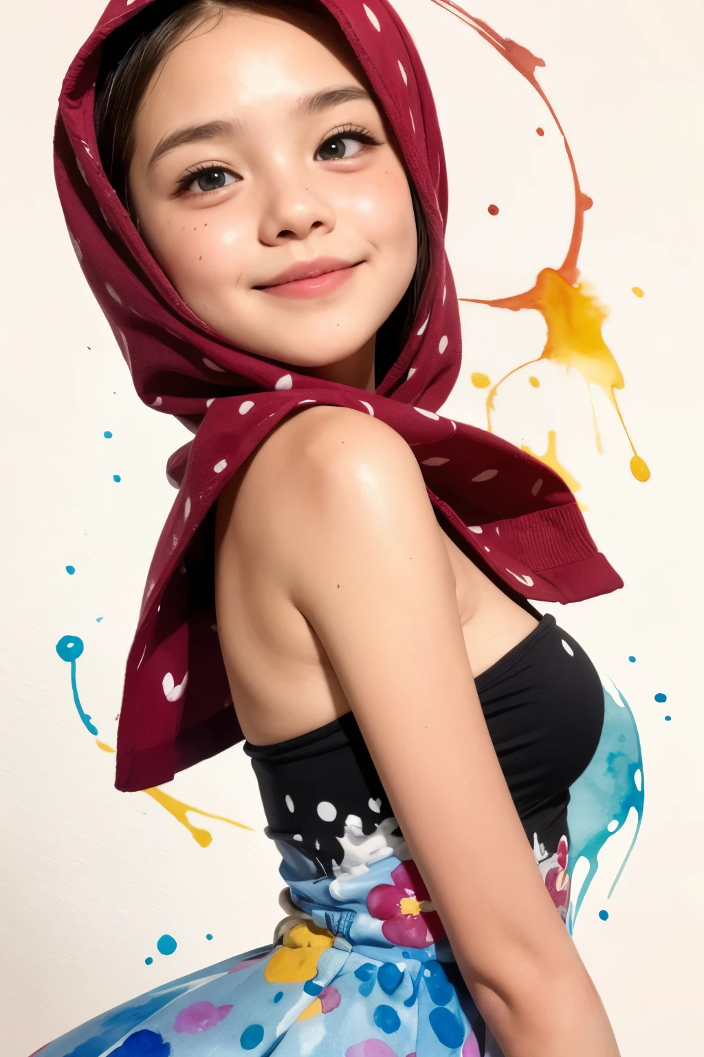 (((WATER COLOR SPLASH))), (Undress Strapless dress), Chubby adorable, 1 girl, (face to face), 10 years old, baby face, happy, half body portrait, (face details: 1), (eye details: 1), ((flat breasts)). wearing transparent transparency soft soft long shirt, hijab, .. Cute posed. proportional body. Ultra High Res. realistic: 1.4, UHD, (floral pattern), view from side seductive pose, (((polkadot pattern)))