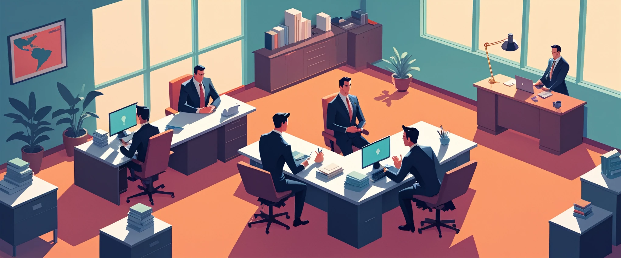 isometric style in the style of James Gilleard a man, lawyer and some more men sitting at a desk in the office, law office, in style of james gilleard, digital illustration -, atey ghailan 8 k, stylized digital illustration, flat illustration, in style of atey ghailan, detailed 2d illustration, james gilleard artwork, by Atey Ghailan, by James Gilleard, jen bartel, in style of digital illustration,(Provia:1.3) . vibrant, beautiful, crisp, detailed, ultra detailed, intricate
