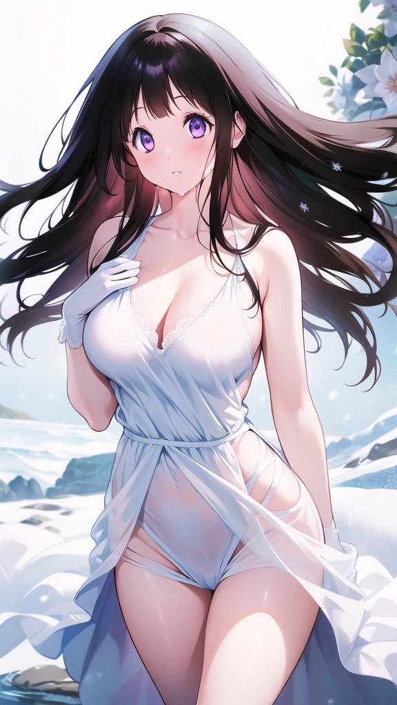 Amazing Chitanda, There is only one beautiful girl,Purple Eyes, Black Hair, Very red face,Very white skin,Glowing skin,Skin as delicate as porcelain,Naturally straight hair, Straight bangs,Extremely refined,Open lips,Long flowing hair,Beautiful Girl, Like a dream,Slim,Slim waist,Soft, (Sensual), (Kawaii), Dream quality,Beautiful big breasts,White transparent loose dress,Areola,Completely naked,Lower edge of breast,White gloves,Flower decoration,Deep V neckline,Loose neckline,Wide neckline,In school,The wind blows the hair,Place your hands on your inner thighs,Thighs clamp hands,Wet skin,Sweaty and sweaty,Sweating all over,On the snow,Back to,Hips,Side body,Gluteal groove,Completely naked的臀部,Bare back,Completely naked的背部,Light transmission,(no pants),nopan,pussy juice,Bare shoulders,There are no shoulder straps,Bare neck,Exposed collarbone,Exposing breasts,Exposing breasts侧面,Exposing breasts下面,Show your waist,Show your buttocks,Show your thighs,Exposing the groin,(No pants),extremely shy,Ultra-high resolution, (masterpiece:1.2, best quality), (Delicate and beautiful eyes: 1.2), (Beautiful and delicate face)