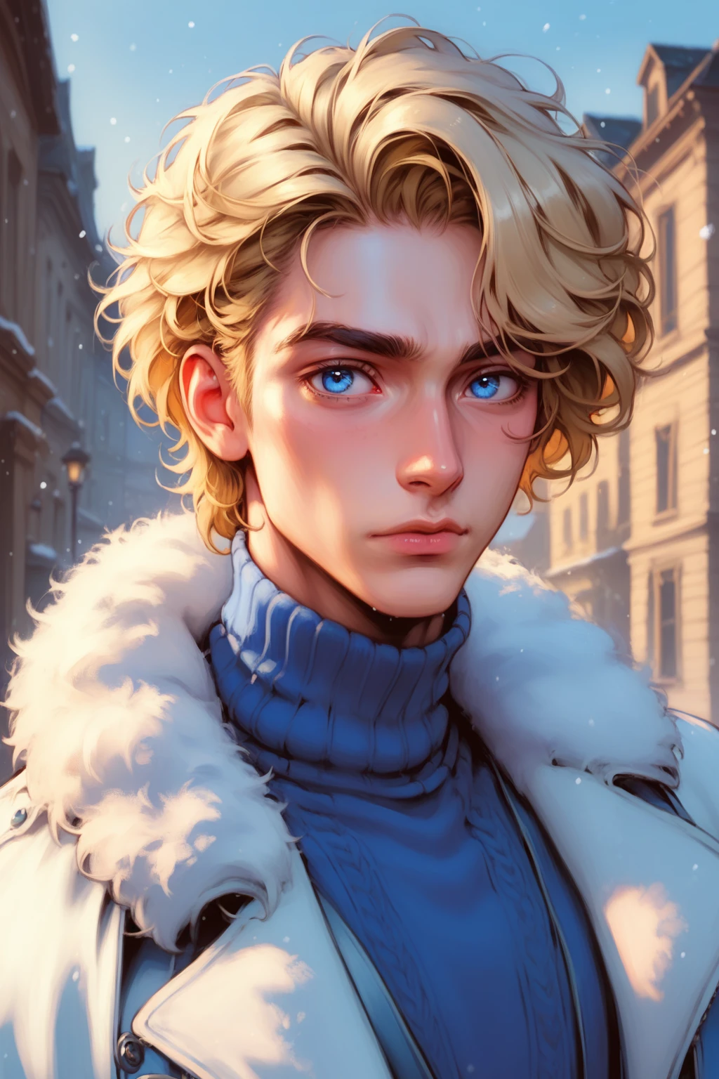 absurdities, High resolution, ultra detailed, HdR, masterpiece, Extremely detailed face and eyes, medium blonde hair, disheveled, bushy eyebrows, serious, expressive blue eyes, 1 man, elegant, white fur coat, blue winter sweater, snowy background. Complete plan