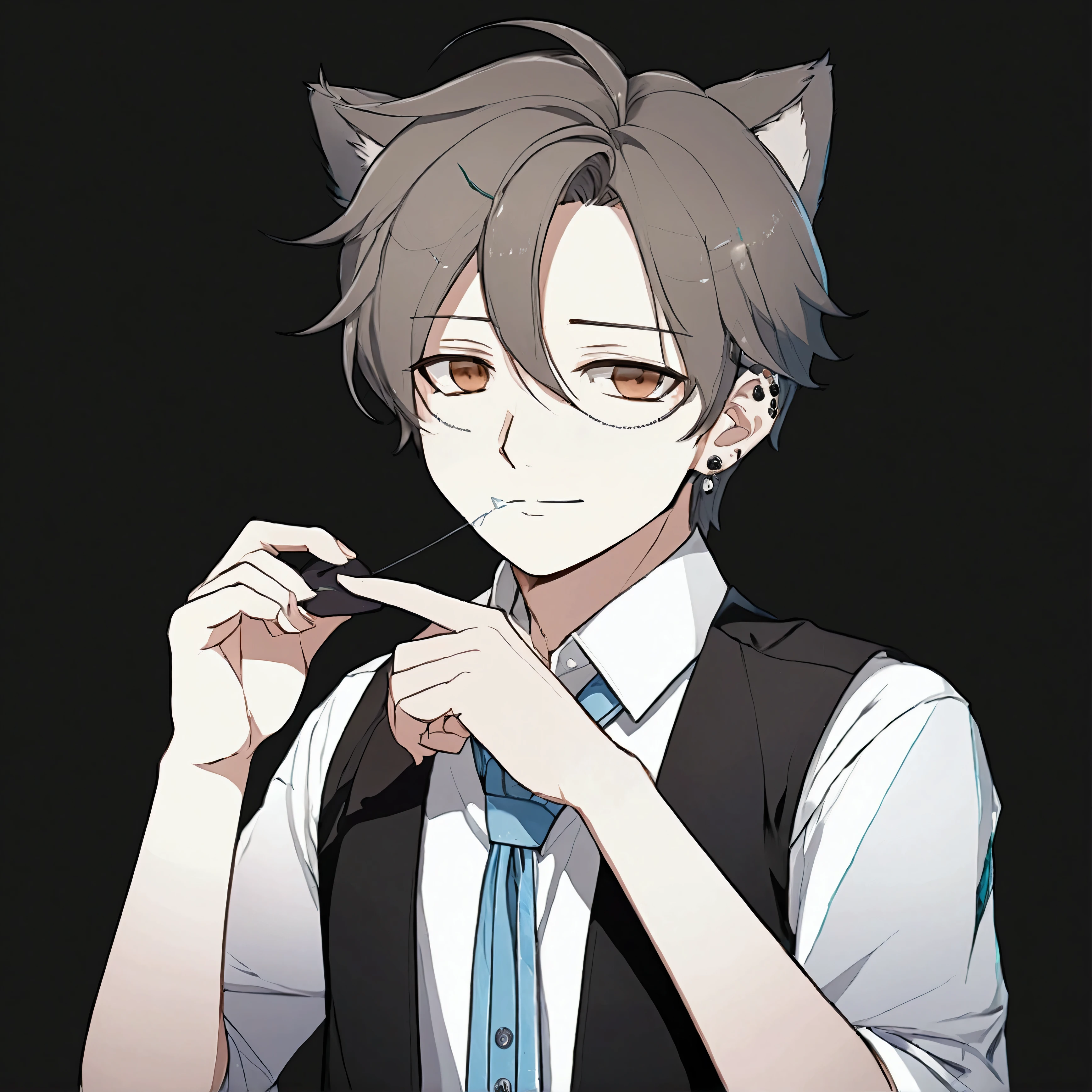 Generate me a soft and masculine young man, around 16 years of age. His hair is short and dark brown while his eyes are coloured light brown. He is wearing a white button up shirt and a black vest with a light blue tie. Give him some silver earings and a small silver crown above his head.