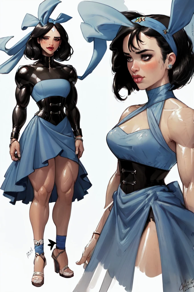 ((masterpiece)),(((Best Quality))),((character design sheet)), ((full body view)) illustration,1 girl, muscular, ((blue fitted dress:1.4)), buttercup, (Blue headband:1.4),(dark black hair:1.3), Blue dress ((detailed face:1.4)) beautiful woman, slippery bobcut, (black corset:1.1)shiny skin, thick legs, scribbles and marks, (swollen lips:1.2), Sketches, pose, 8k,16k, (simple background, White background: 1.3)