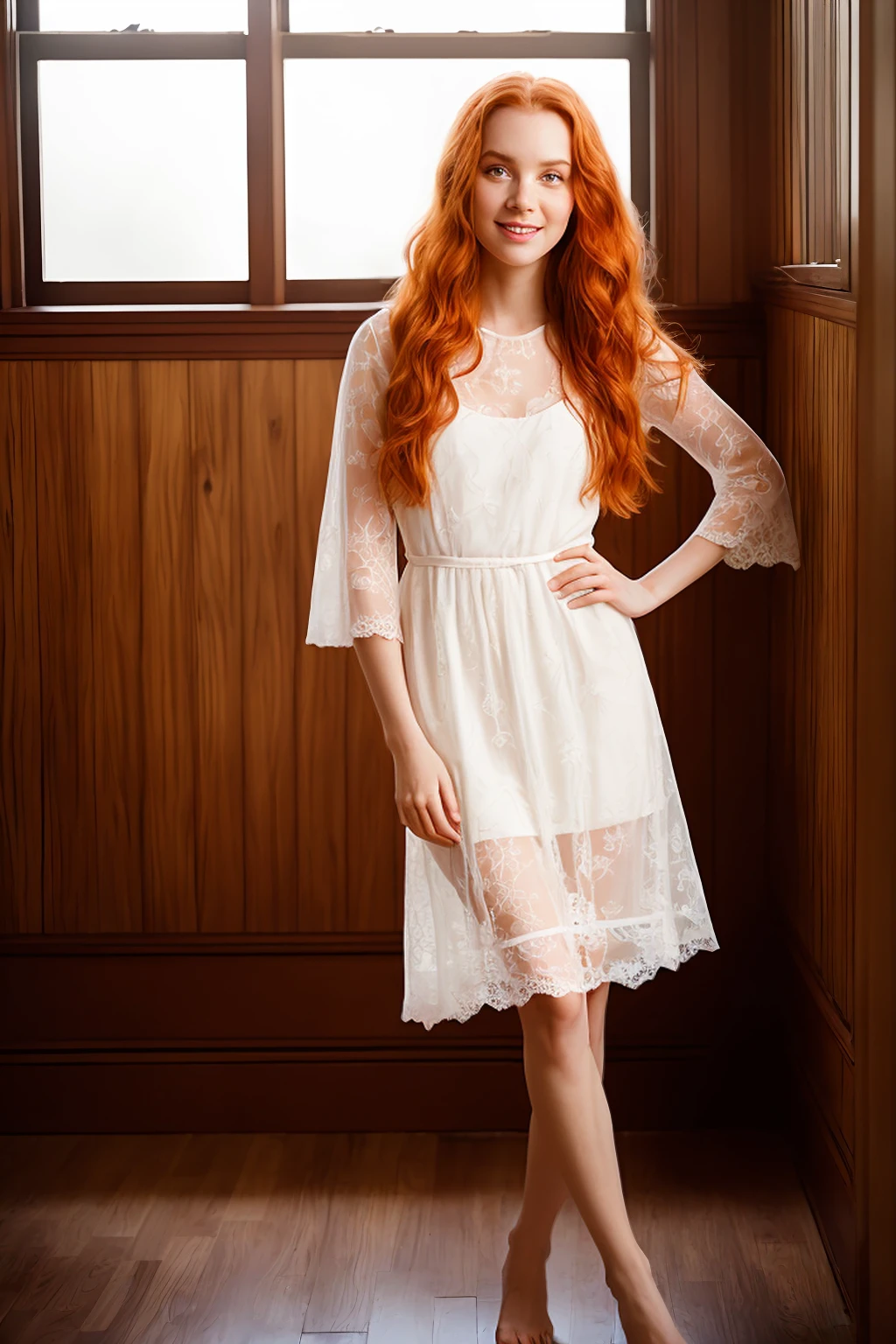 ((Full body photo, standing, feet on the floor)) Fine art photography, (amateur photo), (analog photo:1.2,film grain),(a close-up skinny young woman wearing with red lace dress in wooden room,long ginger hair,freckles,light smile,posing fashion magazine,dof,bokeh),vivid colours,realistic,photographic, (natural colors, correct white balance, color correction, dehaze,clarity), background rich in details, conceptual image,masterpiece, award winning photography